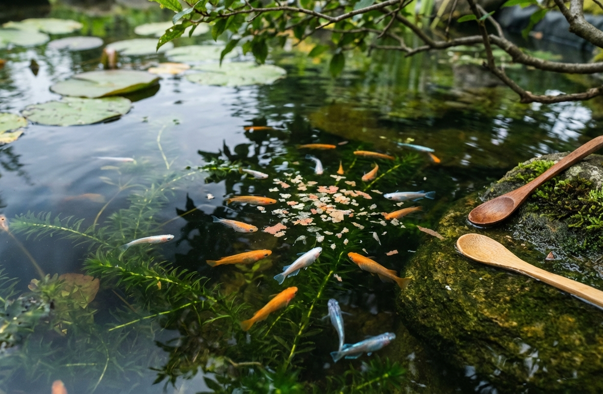Tranquil Feeding Time in a Garden Pond