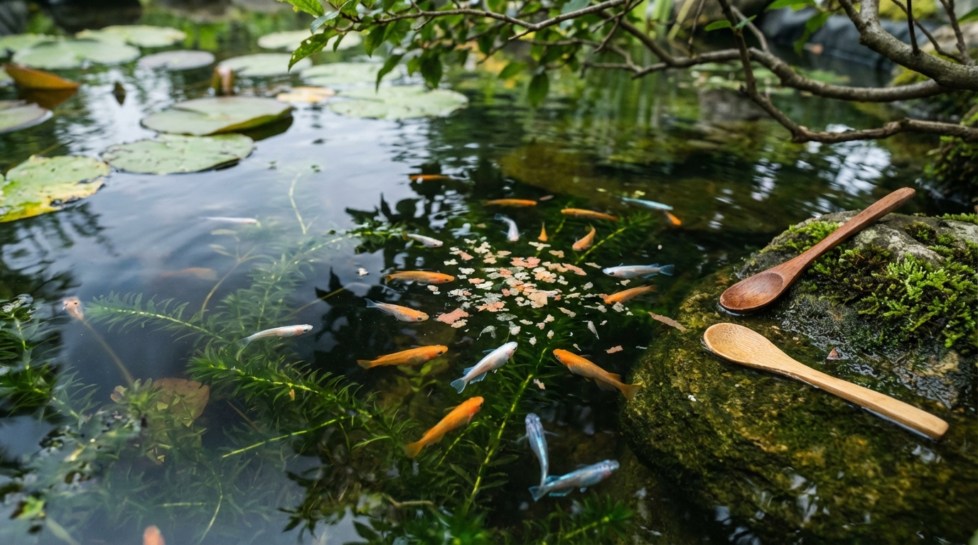 Tranquil Feeding Time in a Garden Pond