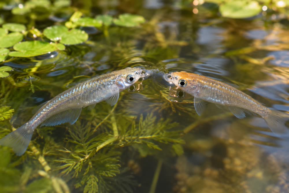 Close-up van medaka die in een ondiepe vijver aan het wateroppervlak zwemmen