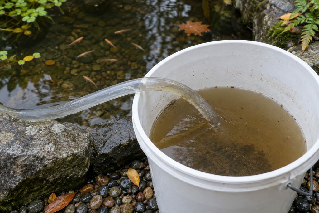 Hevelslang van een vijver naar een emmer met slibwater